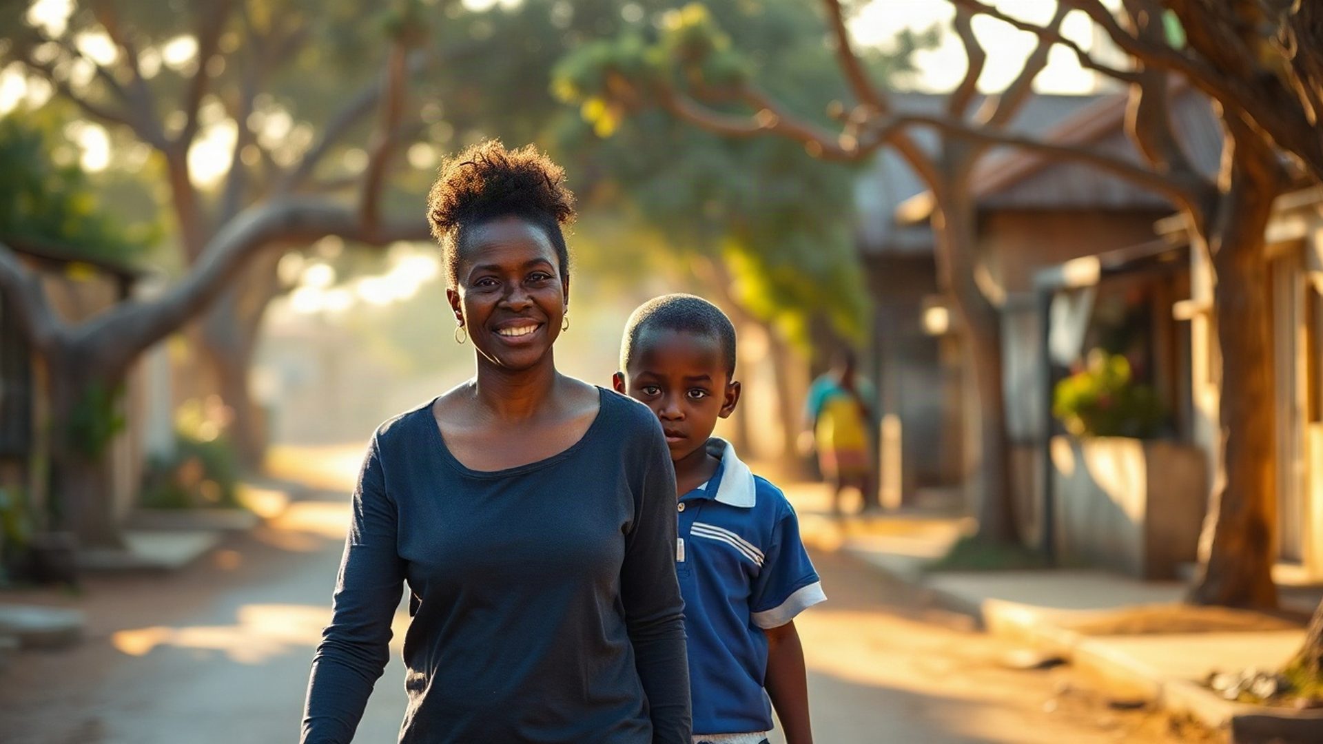 A Kisumu mother walking with her school-aged child through a sunlit acacia-lined street