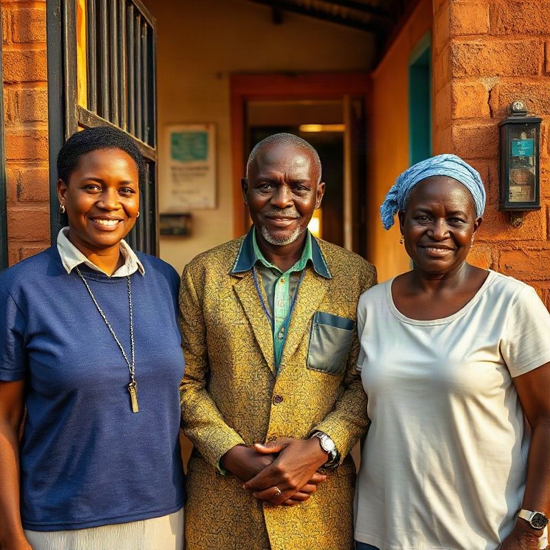 Three Schoolbridgez education advisers standing outside a Kisumu school gate in warm morning light