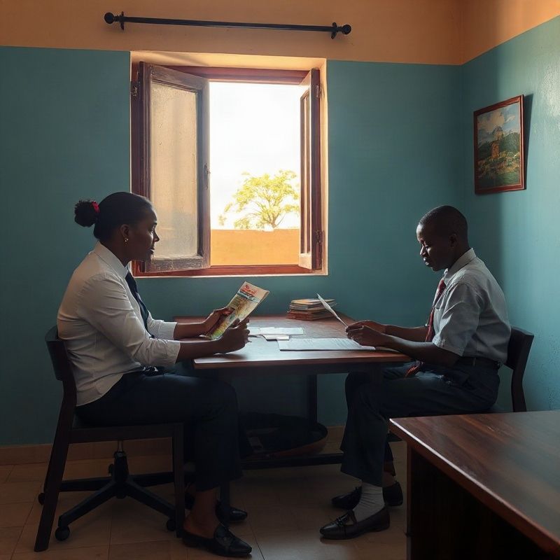 A Schoolbridgez adviser reviewing school profiles with a Kenyan family in a Kisumu office